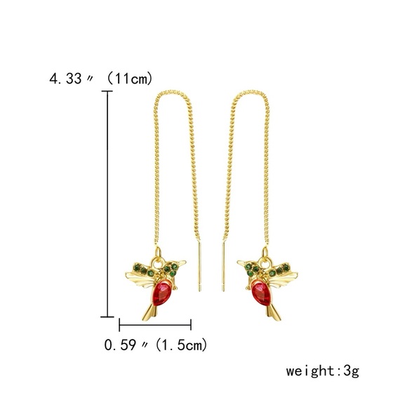 New Gold-Tone & Dark Red/Green Crystal Hummingbird Threaders w/Gold-Tone Chain - Picture 10 of 11